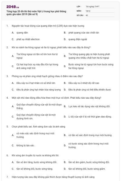 Tổng hợp 20 đề thi thử môn Vật Lí trung học phổ thông quốc gia năm 2019 (Đề số 9)