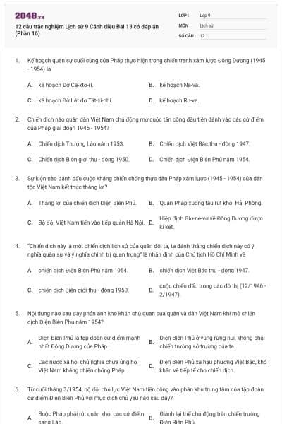 12 câu trắc nghiệm Lịch sử 9 Cánh diều Bài 13 có đáp án (Phần 16)