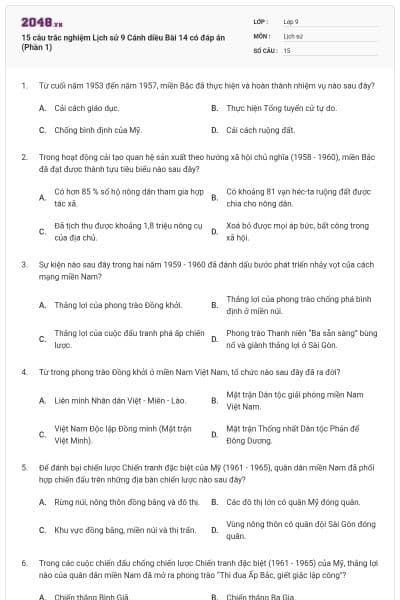 15 câu trắc nghiệm Lịch sử 9 Cánh diều Bài 14 có đáp án (Phần 1)