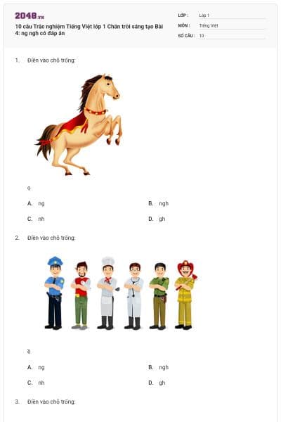 10 câu Trắc nghiệm Tiếng Việt lớp 1 Chân trời sáng tạo Bài 4: ng ngh có đáp án