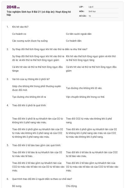 Trắc nghiệm Sinh học 8 Bài 21 (có đáp án): Hoạt động hô hấp