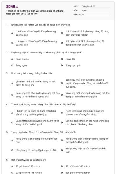 Tổng hợp 20 đề thi thử môn Vật Lí trung học phổ thông quốc gia năm 2019 (Đề số 10)