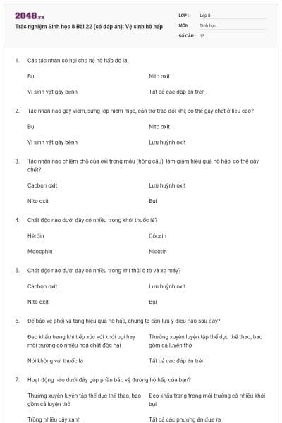 Trắc nghiệm Sinh học 8 Bài 22 (có đáp án): Vệ sinh hô hấp