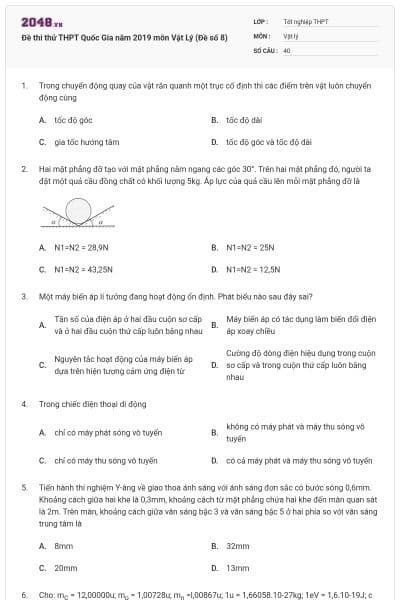 Đề thi thử THPT Quốc Gia năm 2019 môn Vật Lý (Đề số 8)