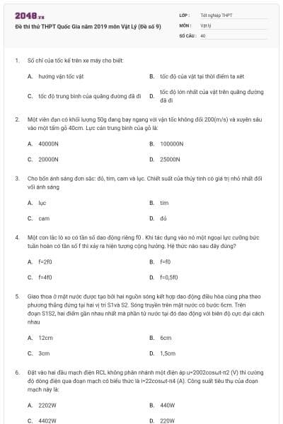 Đề thi thử THPT Quốc Gia năm 2019 môn Vật Lý (Đề số 9)