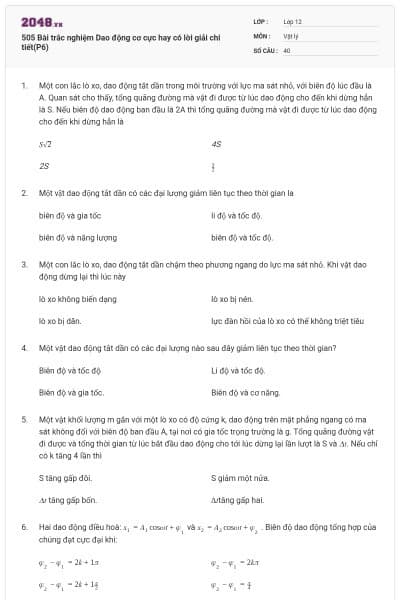 505 Bài trắc nghiệm Dao động cơ cực hay có lời giải chi tiết(P6)