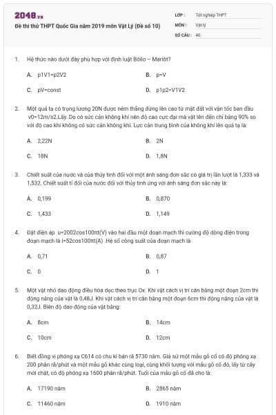 Đề thi thử THPT Quốc Gia năm 2019 môn Vật Lý (Đề số 10)