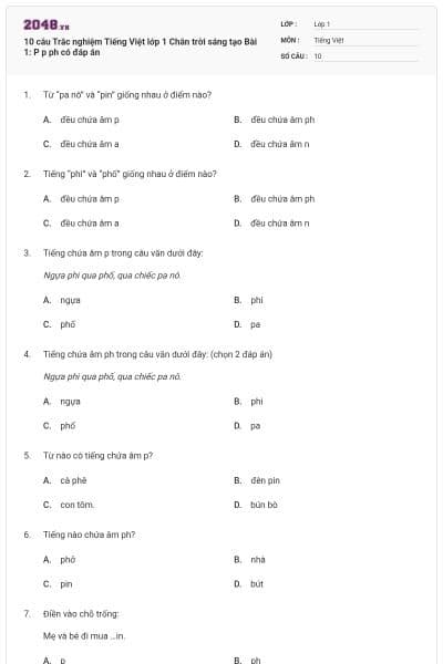 10 câu Trắc nghiệm Tiếng Việt lớp 1 Chân trời sáng tạo Bài 1: P p ph có đáp án