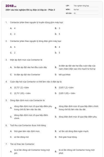 200+ câu trắc nghiệm Khí cụ điện có đáp án - Phần 3