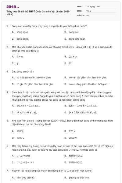 Tổng hợp đề thi thử THPT Quốc Gia môn Vật Lí năm 2020 (Đề 4)
