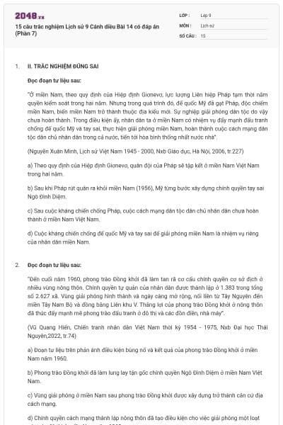 15 câu trắc nghiệm Lịch sử 9 Cánh diều Bài 14 có đáp án (Phần 7)