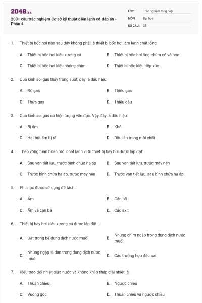 200+ câu trắc nghiệm Cơ sở kỹ thuật điện lạnh có đáp án - Phần 4