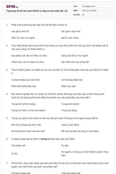 Tổng hợp đề thi thử môn GDCD có đáp án mới nhất (Đề 16)