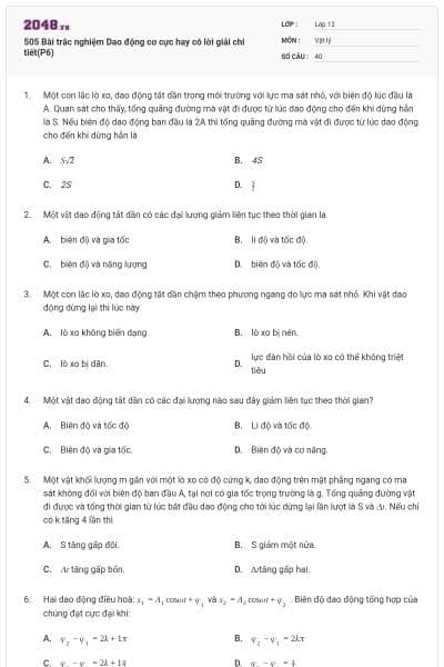 505 Bài trắc nghiệm Dao động cơ cực hay có lời giải chi tiết(P6)