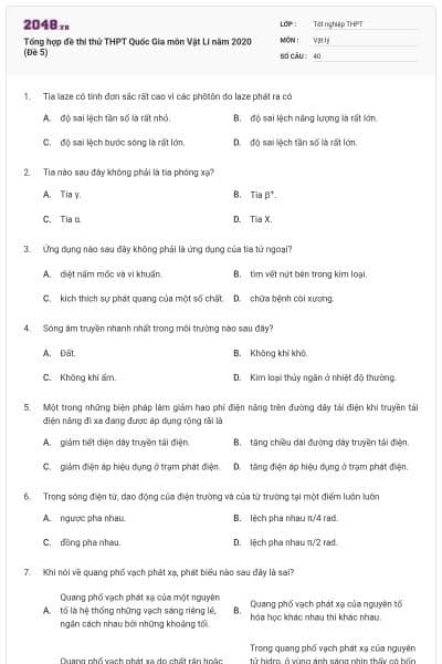 Tổng hợp đề thi thử THPT Quốc Gia môn Vật Lí năm 2020 (Đề 5)