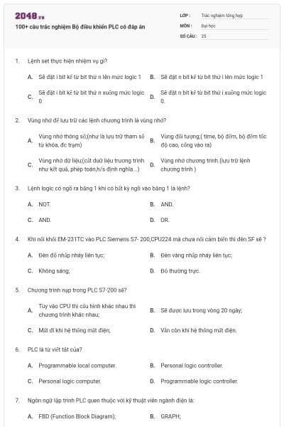 100+ câu trắc nghiệm Bộ điều khiển PLC có đáp án