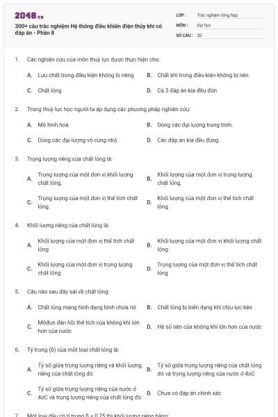 300+ câu trắc nghiệm Hệ thống điều khiển điện thủy khí có đáp án - Phần 8