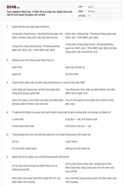 Trắc nghiệm Sinh Học 12 Bài 36 (có đáp án): Quần thể sinh vật và mối quan hệ giữa các cá thể