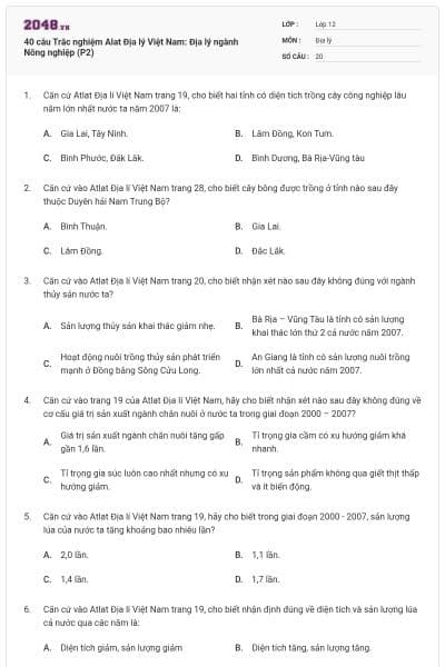 40 câu  Trắc nghiệm Alat Địa lý Việt Nam: Địa lý ngành Nông nghiệp (P2)