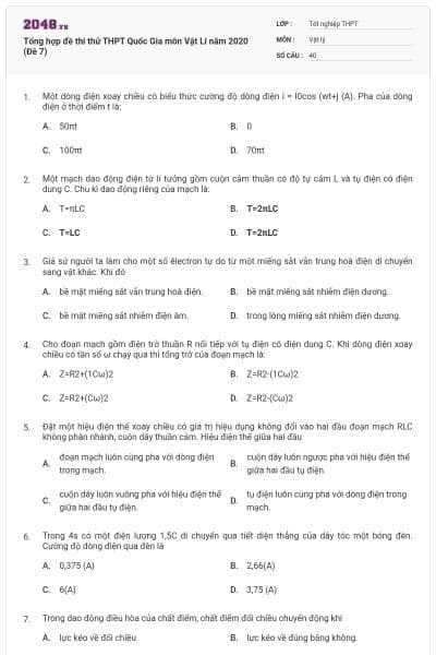 Tổng hợp đề thi thử THPT Quốc Gia môn Vật Lí năm 2020 (Đề 7)