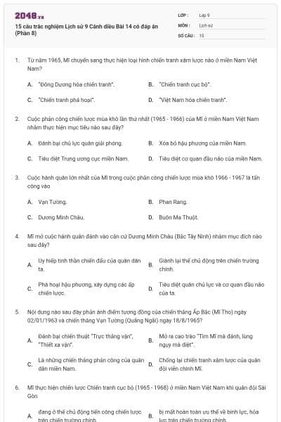 15 câu trắc nghiệm Lịch sử 9 Cánh diều Bài 14 có đáp án (Phần 8)