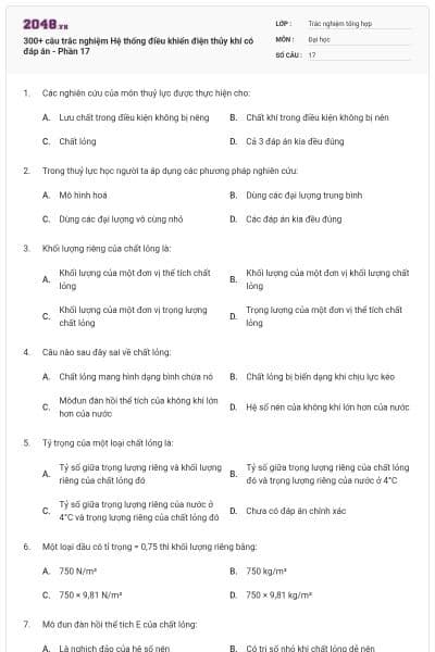 300+ câu trắc nghiệm Hệ thống điều khiển điện thủy khí có đáp án - Phần 17