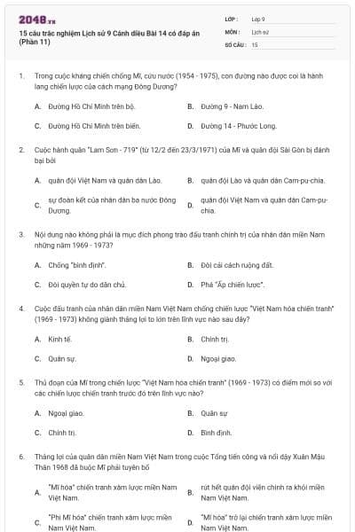 15 câu trắc nghiệm Lịch sử 9 Cánh diều Bài 14 có đáp án (Phần 11)