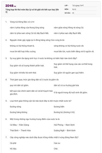 Tổng hợp thi thử môn Địa Lý có lời giải chi tiết cực hay (Đề 3)