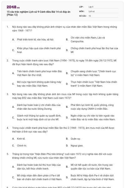 15 câu trắc nghiệm Lịch sử 9 Cánh diều Bài 14 có đáp án (Phần 12)