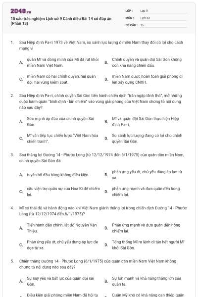 15 câu trắc nghiệm Lịch sử 9 Cánh diều Bài 14 có đáp án (Phần 13)
