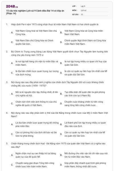 15 câu trắc nghiệm Lịch sử 9 Cánh diều Bài 14 có đáp án (Phần 14)
