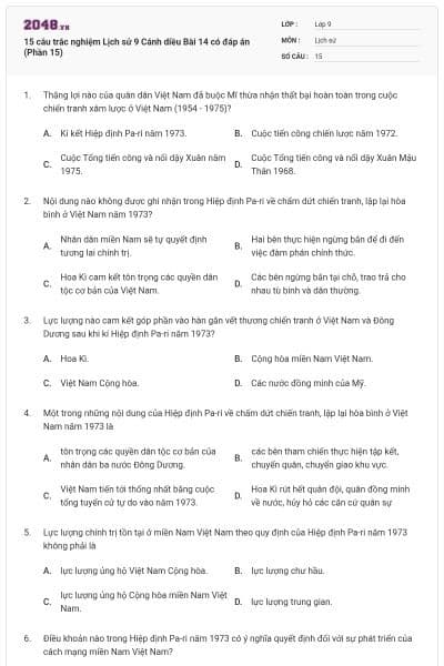 15 câu trắc nghiệm Lịch sử 9 Cánh diều Bài 14 có đáp án (Phần 15)