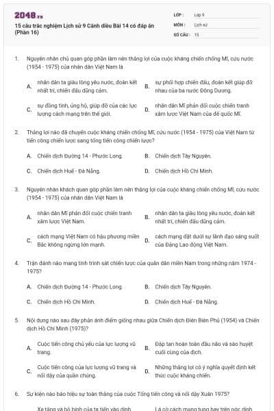 15 câu trắc nghiệm Lịch sử 9 Cánh diều Bài 14 có đáp án (Phần 16)