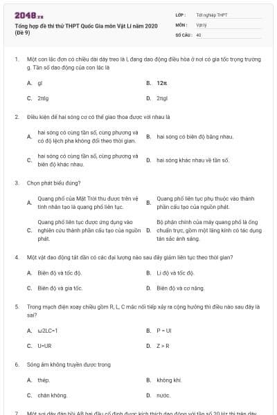 Tổng hợp đề thi thử THPT Quốc Gia môn Vật Lí năm 2020 (Đề 9)