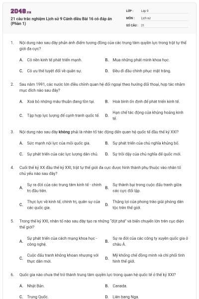 21 câu trắc nghiệm Lịch sử 9 Cánh diều Bài 16 có đáp án (Phần 1)