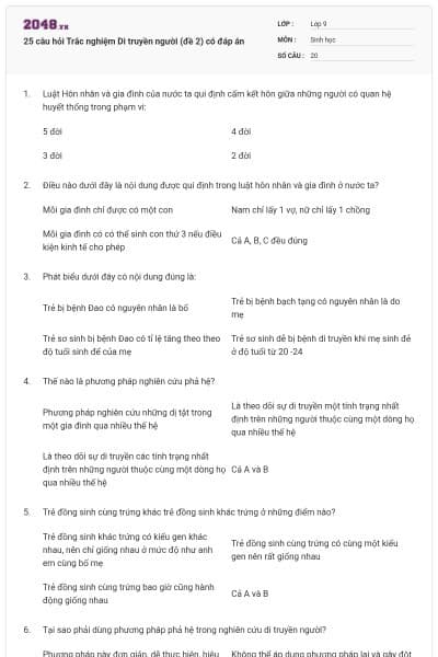 25 câu hỏi Trắc nghiệm Di truyền người (đề 2) có đáp án