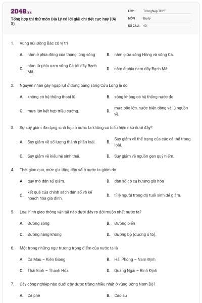Tổng hợp thi thử môn Địa Lý có lời giải chi tiết cực hay (Đề 3)