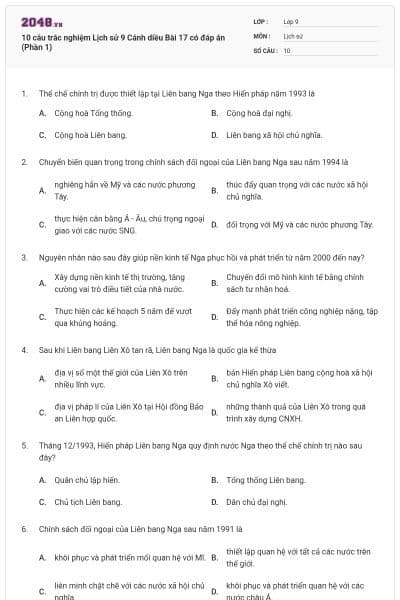 10 câu trắc nghiệm Lịch sử 9 Cánh diều Bài 17 có đáp án (Phần 1)