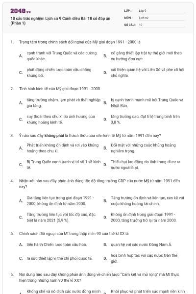 10 câu trắc nghiệm Lịch sử 9 Cánh diều Bài 18 có đáp án (Phần 1)