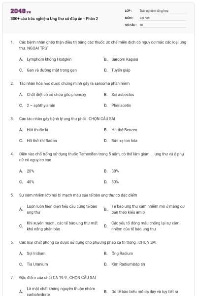 300+ câu trắc nghiệm Ung thư có đáp án - Phần 2