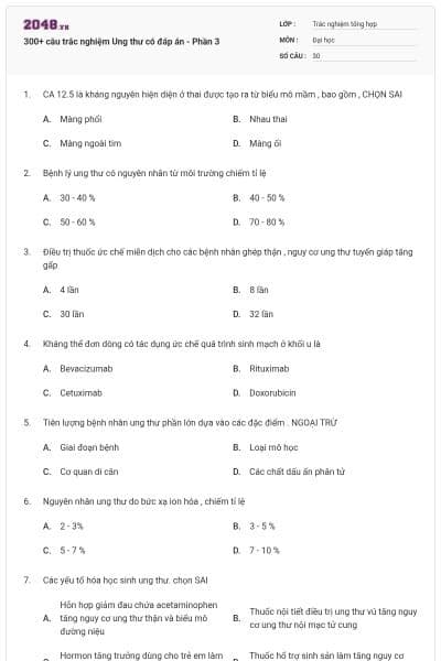 300+ câu trắc nghiệm Ung thư có đáp án - Phần 3