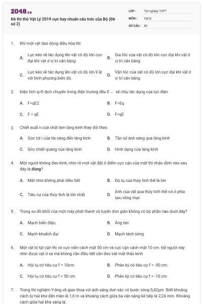 Đề thi thử Vật Lý 2019 cực hay chuẩn cấu trúc của Bộ (Đề số 2)