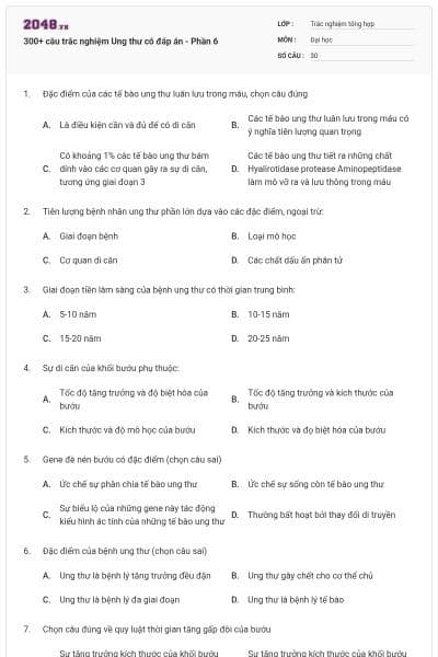 300+ câu trắc nghiệm Ung thư có đáp án - Phần 6
