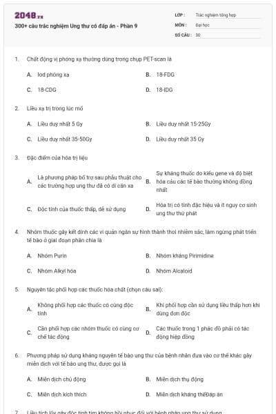 300+ câu trắc nghiệm Ung thư có đáp án - Phần 9