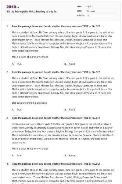 Bài tập Trắc nghiệm Unit 2 Reading có đáp án