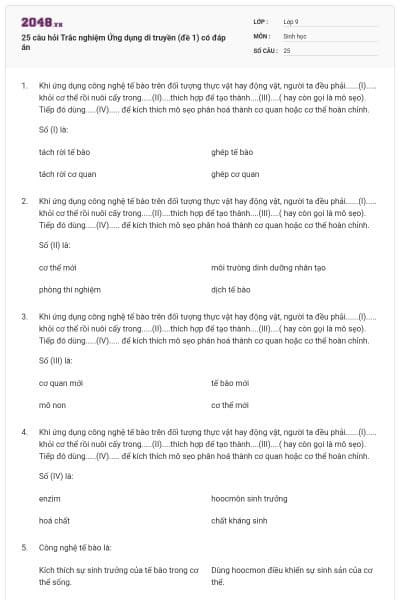 25 câu hỏi Trắc nghiệm Ứng dụng di truyền (đề 1) có đáp án