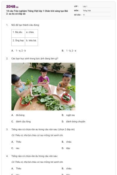 10 câu Trắc nghiệm Tiếng Việt lớp 1 Chân trời sáng tạo Bài 2: au êu có đáp án