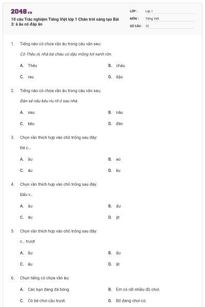 10 câu Trắc nghiệm Tiếng Việt lớp 1 Chân trời sáng tạo Bài 3: â âu có đáp án