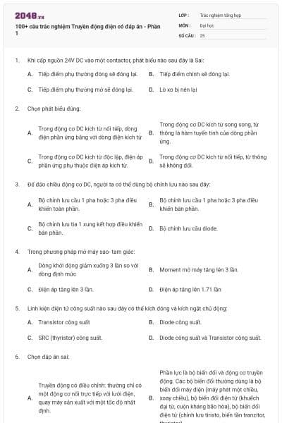 100+ câu trắc nghiệm Truyền động điện có đáp án - Phần 1