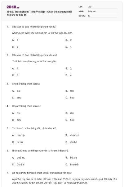 10 câu Trắc nghiệm Tiếng Việt lớp 1 Chân trời sáng tạo Bài 4: iu ưu có đáp án
